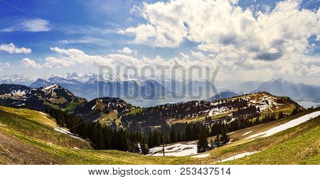 Landscape View Of Alps Snow Mountain With Pine Tree Looking From Rigi Kulm Luzern Switzerlandlandsca