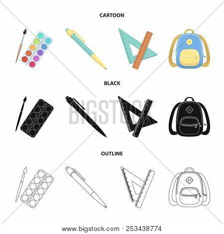 Multicolored Paints With A Tassel, Pen, Triangle And Ruler, Satchel, Briefcase. School And Education