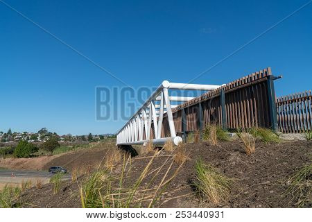 White Steel Takitimu Drive Over Bridge Is Elevated Pedestrian And Cycle Bridge Crossing The Highway 