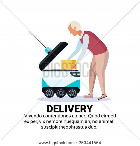Old Man Loading Box Robot Self Drive Fast Delivery Goods In City Car Robotic Carry Concept Isolated 