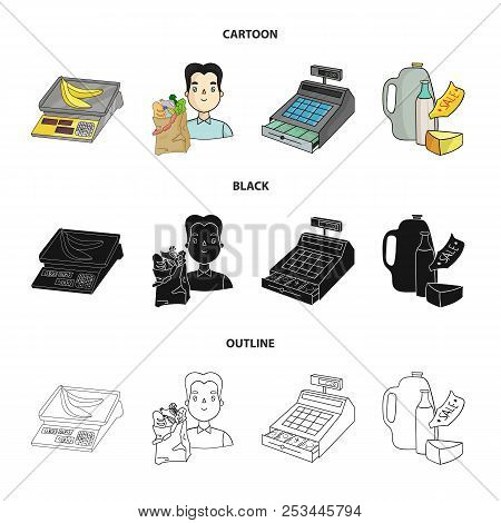 Package, Scales, Banana, Fruit .supermarket Set Collection Icons In Cartoon, Black, Outline Style Ve
