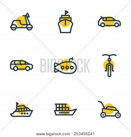Illustration Of 9 Vehicle Icons Line Style. Editable Set Of Lawn Mower, Compact Car, Mpv And Other I