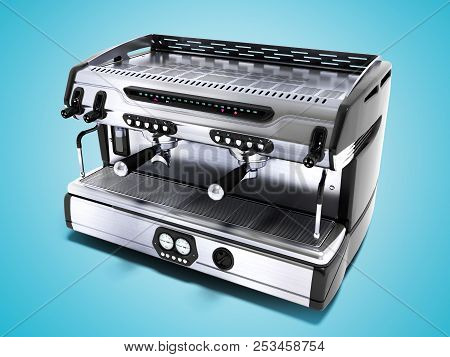 Modern Metal Professional Coffee Machine In The Coffeehouse View Perspective 3d Rendering On Blue Ba