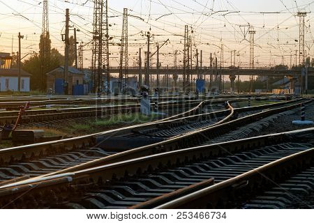 Railway Pointwork, Railway Tracks On The Station At Summer Sunset. Transportation