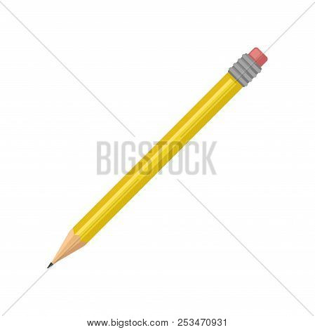 Flat Vector Icon Of Yellow Wooden Pencil With Pink Eraser. Stationery Supply. Instrument For Writing