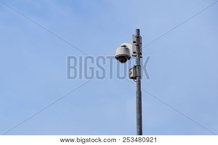Outdoor Video Surveillance Camera , Dome Security Camera On The Street.