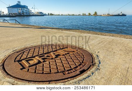 New Orleans, Usa - Nov 26, 2017: Close View Of Cast Iron Roadside Drain Plate. Southern Yacht Club I