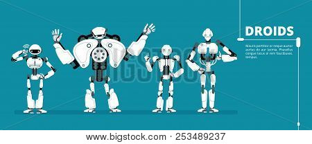 Cartoon Robot Android, Cyborg Group. Artificial Intelligence Vector Futuristic Background. Ai Roboti