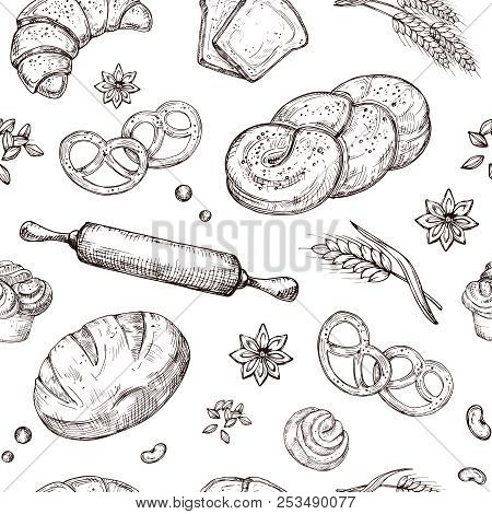 Bread Seamless Pattern. Vintage Sketch Bakery Repeating Vector Background. Sketch Bakery Pattern, Ba