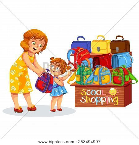 School Shopping Colorful Poster Happy Smiling Schoolgirl With Mother Choosing New Nice Bag Vector Il