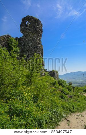 Ancient Ruins Of The Castle Of The Town Of Khust (dracula Castle). A Huge And Powerful Castle That P