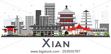 Xian China Skyline with Color Buildings Isolated on White. Business Travel and Tourism Concept with Historic Architecture. Xian Cityscape with Landmarks.
