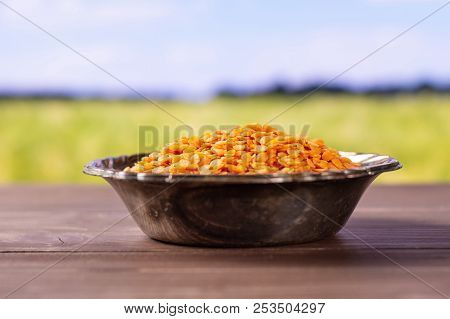 Lot Of Whole Raw Red Lentils In Old Iron Bowl With Green Wheat Field In Background