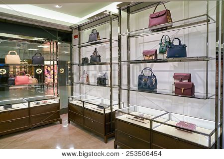 ROME, ITALY - CIRCA NOVEMBER, 2017: interior shot of Burberry store in Fiumicino International Airport. Burberry Group PLC is a British luxury fashion house.