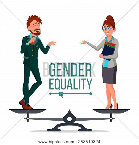 Gender Equality Vector. Man And Woman. Standing On Scales. Equal Rights. Isolated Flat Cartoon Illus