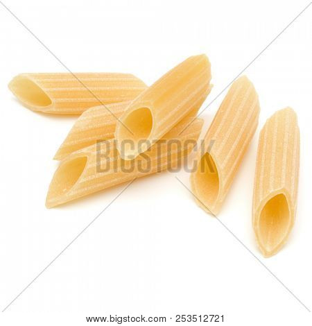 Italian pasta isolated on white background. Pennoni. Penne rigate.