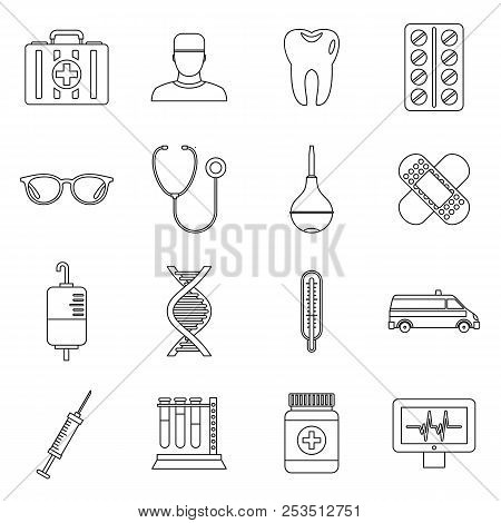 Medicine Icons Set In Outline Style. Medical Care Set Collection Illustration