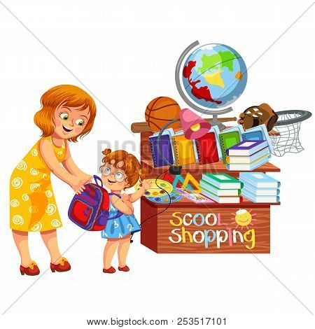 School Shopping Colorful Poster Happy Smiling Schoolgirl With Mother Choosing New Nice Bag Vector Il