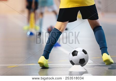 Indoor Soccer Players Training With Balls. Indoor Soccer Sports Hall. Football Futsal Player, Ball, 