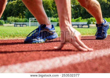 Starting Point. Runner Ready To Go Close Up. Ready Steady Go Concept. At The Beginning Of Great Spor