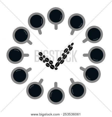 Clock From Coffee Cups, Vector Illustration Isolated On White Background.