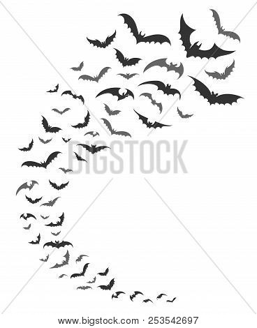 Bats Swarm. Vector Dark Bats Silhouettes Swirl Flying For Nocturnal Halloween October Nature Decorat