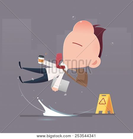 Businessman Character Slipped On A Water Puddle , Man Slips On Wet Floor , Vector Flat Cartoon Illus