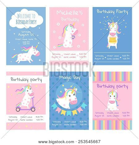 Cards Invitations. Design Template Cards With Pictures Of Cute Unicorns