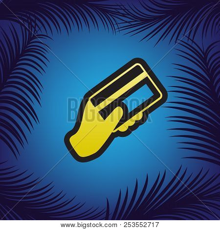 Hand Holding A Credit Card. Vector. Golden Icon With Black Conto