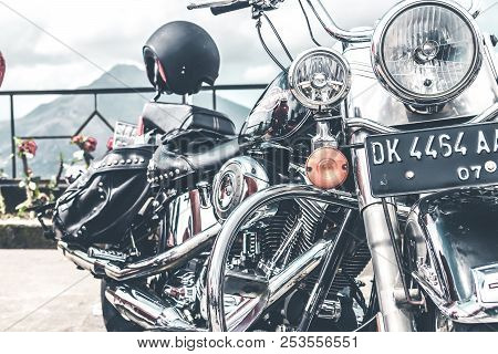 Bali, Indonesia - August 12, 2018: Harley Davidson Motorcycles On The Parking Close To Batur Volcano