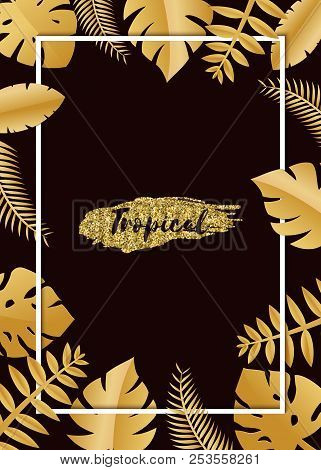 Composition With Luxury Golden Jungle Leaves On White Background In Paper Cut Style. Tropical White 