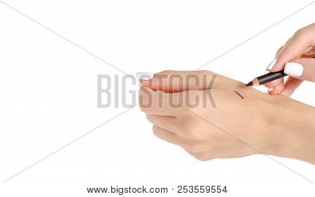 Black Eye Pencil In Hand On White Background Isolation