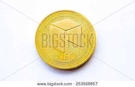 On A White Background Is Isolated Gold Coin Of A Digital Crypto  Currency - Neo With Free Space For 