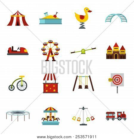 Amusement Park Icons Set In Flat Style. Attraction Park Set Collection Illustration