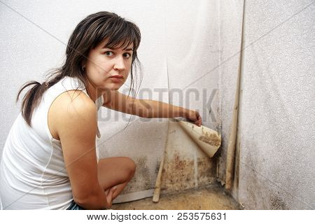 A Girl Removing Mold Fungus Without Respirator Mask