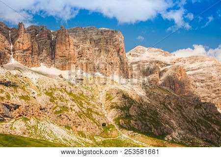 Panorama Of Sella Mountain Range From Sella Pass, Dolomites, Italy