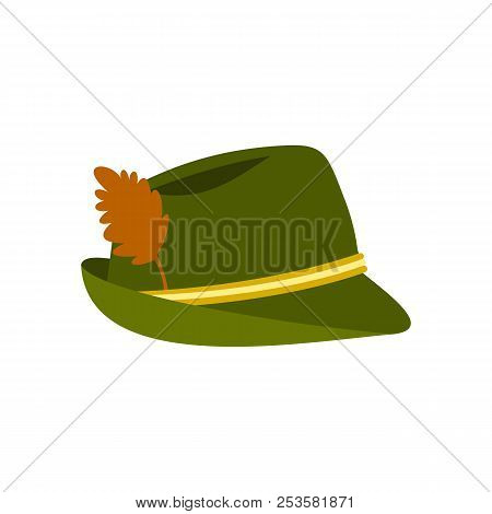 Green Hat With Feather Icon In Flat Style On A White Background Illustration