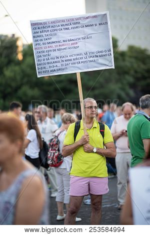 Romania, Bucharest - August 12, 2018: Man Protester With Single Sign