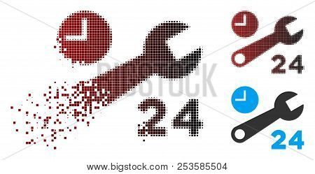 Nonstop Service Hours Icon In Fractured, Dotted Halftone And Undamaged Entire Versions. Particles Ar