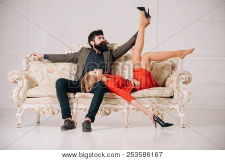 Affair At Work. Love Affair Of Bearded Man And Sexy Woman. Sweet Affair Concept. Couple In Love Has 
