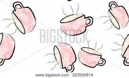 Texture Seamless Pattern Of Pink Cups Of Mugs With A Handle Of Hot Delicious Invigorating Black Coff