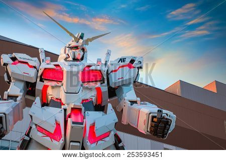 Tokyo, Japan - April 20 2018: Full-size Mobile Suit  Rx-0 Unicorn Gundam Replica From The Mobile Sui