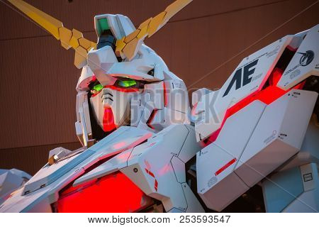 Tokyo, Japan - April 20 2018: Full-size Mobile Suit  Rx-0 Unicorn Gundam Replica From The Mobile Sui
