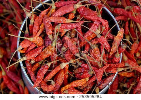Dried Red Chilli Or Chilli Cayenne Pepper. Food Background.