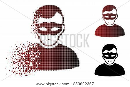 Sad Anonymous Person Icon In Dispersed, Pixelated Halftone And Undamaged Solid Variants. Pieces Are 