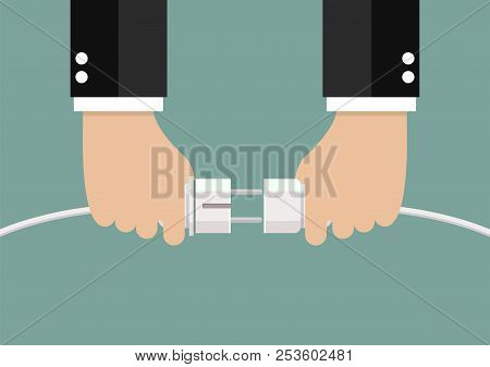 Man Holding In Hand Plug And Socket To Connect. Vector Illustration