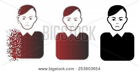 Sadly Bureaucrat Icon In Dissolved, Pixelated Halftone And Undamaged Solid Versions. Pixels Are Arra
