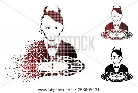 Unhappy Devil Roulette Dealer Icon In Dispersed, Dotted Halftone And Undamaged Solid Versions. Piece