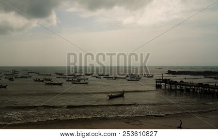Panoramic View To Accra Beach With The Fishermans Boat In Ghana