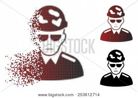 Sad Swat Soldier Icon In Dispersed, Pixelated Halftone And Undamaged Whole Versions. Fragments Are C
